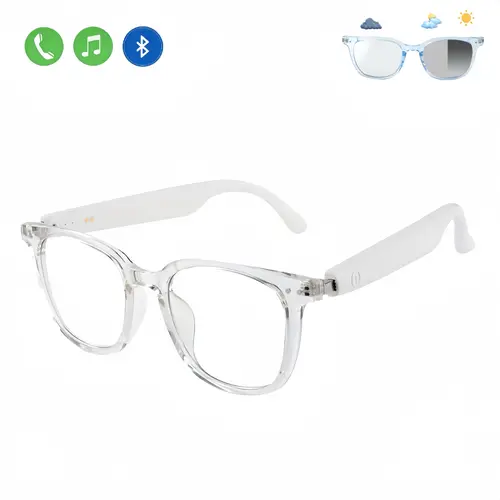 Unisex Minimalist Oval Shape Smart Glasses - Auto-Tinting Polarized Lenses, Blue Light Blocking, Built-in Bluetooth Speakers & Microphone, Wireless Audio Glasses with Rechargeable Batteries, White Wearable Tech Sunglasses for Music