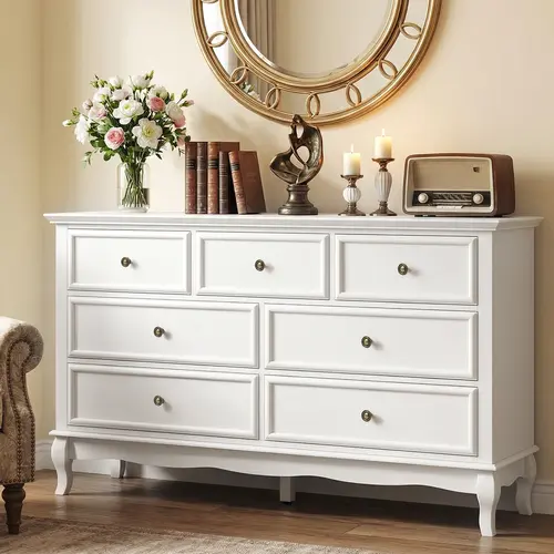 【SohoChic】RoyalCraft Modern 7-Drawer White Dresser with Solid Wood Legs & Painted Finish, Large Wooden Storage Cabinet Organizer for Bedroom, Living Room, Closet Organization, Dresser Set Style with Matching 3-Drawer Nightstand (Sold Separately)