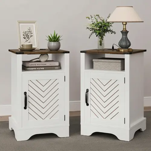 RoyalCraft Large Nightstand with Charging Station, White End Table with Drawer, Tall Bedside Table with Large Storage Room and Shelf, Wooden Table for Bedroom, Living Room