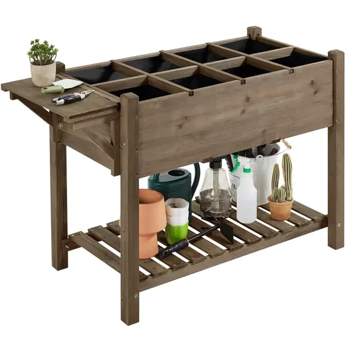 Yaheetech Solid Fir Rectangle Elevated Garden Bed Planter Box with Foldable Table Ledge, Fold-Away Tool Top, Removable Grow Grids, Fabric Inner Liner, Storage Shelf for Yard
