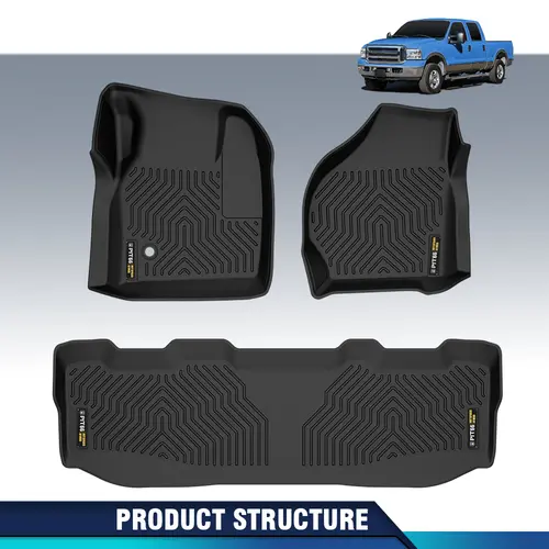 CROSSDESIGN TPE Car Floor Mats, Fit for 1999-2026 Ford F-250 F-350 F-450 F-550 Super Duty Crew Cab/SuperCab , 3PCS Black Upgraded Front & 2nd Row,  Waterproof Anti-Slip All-Weather Easy-Maintenance Car Accessory