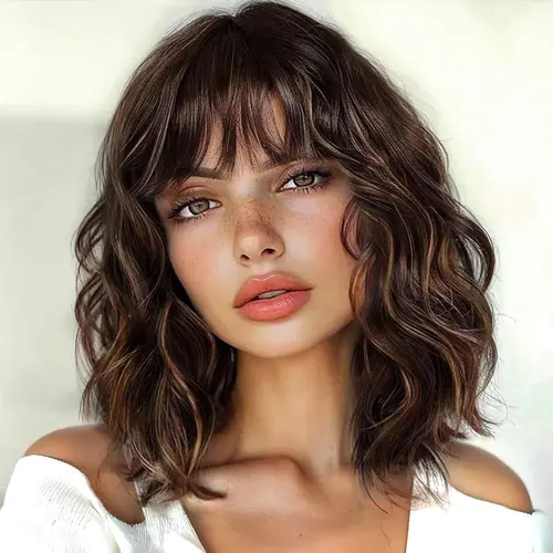 NAYASA Brown Highlight Wig with Bangs for Women Short Wavy Curly Brown Bob Wigs Medium Length 14 inch Synthetic Hair for Daily Party Use, No Glue Wig, Colored Bob Wig
