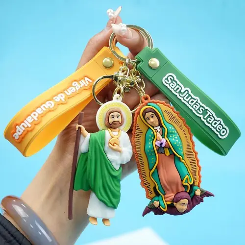 Cute Silicone Our Lady of Jesus & Virgin de Guadalupe Keychain - Anime Cartoon Wristband Charm with Cross, Dove, and Holy Symbols, Perfect for Women, Bags, Backpacks, Cars, and Keys