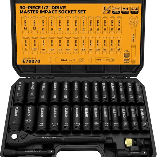 ELEAD 1/2" Drive Deep Impact Socket Set - 30-Piece CR-V Steel Mechanic Tools Kit with 6-Point SAE (3/8-1 in), Metric (10-24mm) Sockets, 3" & 5" Extensions, Ratchet Handle, Bit Adapter for Auto Repair (TikTokShopBlackFriday), 6-Point Socket Metric, Socket