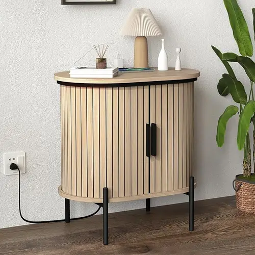 [DealsForYouDays] EBELLO Small Console Table, Grooved End Table with Charging Station, Mid-Century Modern Nightstand, Entryway Cabinet for Living Room, Bedroom, Small Spaces, Walnut