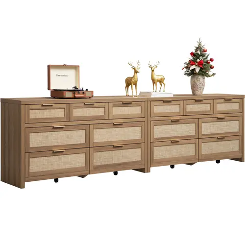 【SohoChic】SICOTAS 7-Drawer Modern Wood Dresser - 57" Wide Single Unit Rattan Sideboard Buffet Cabinet with Natural Panel, Closet Storage Organizer for Bedroom, Living Room TV Stand, Durable