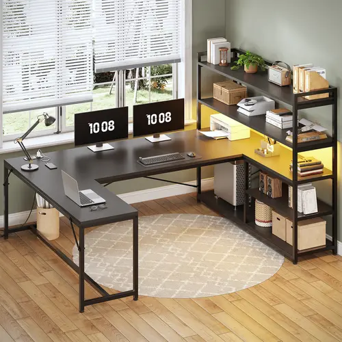 Sedeta 63-Inch Reversible L-Shape Wooden Desk - Commercial Office Furniture with LED Lights, Power Outlet, 5-Tier Storage Shelves, Monitor Stand, Dual-Monitor Setup for Streamer/Studio Home Office Workstation