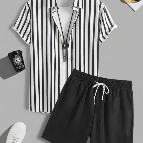 Men's Colorblock Striped Print Button Front Shirt & Drawstring Shorts Set, Casual Short Sleeve Collared Top & Shorts, Men's Summer Clothes for Tropical Beach Vacation Co Ord Sets Menswear