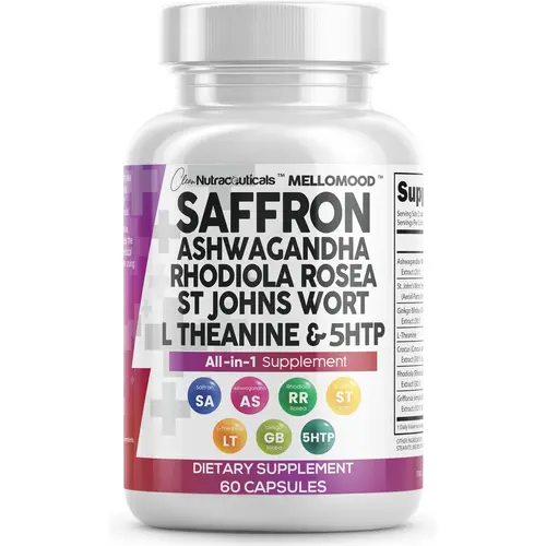 Clean Nutra Saffron, Ashwagandha, Rhodiola Rosea, St. John's Wort, L-Theanine, Ginkgo Biloba & 5-HTP for Mood Support & Fitness - MelloMood