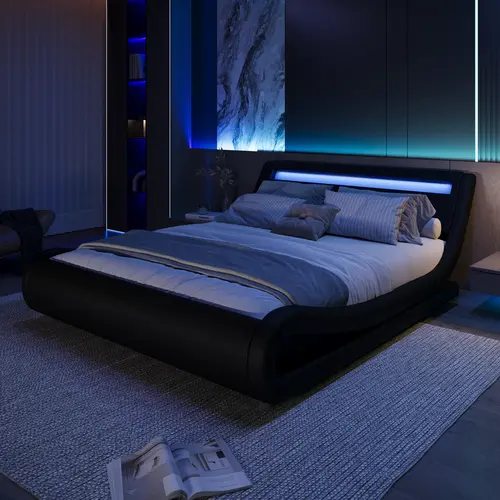 MUTICOR LED Lights Bed Frame with Faux Leather【Frame Only No Mattress】Sleigh Upholstered Low Platform Bed Frame Solid Wood Slats,No Box Spring Needed,#TikTokShopDealsforYouDays#DealsforYouDays#Summervibes#Summergarden