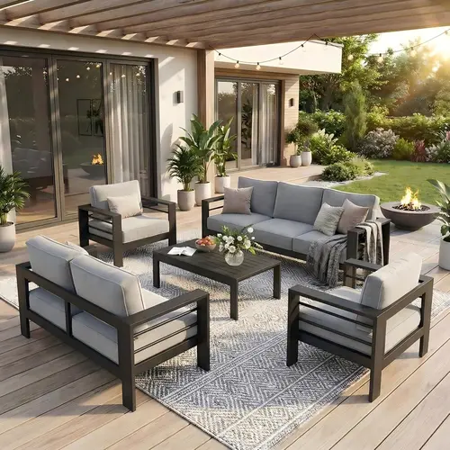 RoyalCraft 4/5 Pieces Outdoor Patio Furniture Set, Metal Patio Sectional Sofa Chair with Coffee Table, Outdoor Conversation Set with Water-Resistant Cushion for Porch, Backyard, Garden