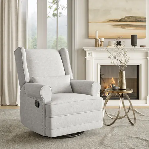 【Summervibes】RoyalCraft Swivel Recliner Chair with Adjustable Back and Footrest, Upholstered Glider Rocker with  Pillow, Accent Armchairs with Carbon Steel Base,Comfy Nursery Rocking Chair for Living Room, Bedroom