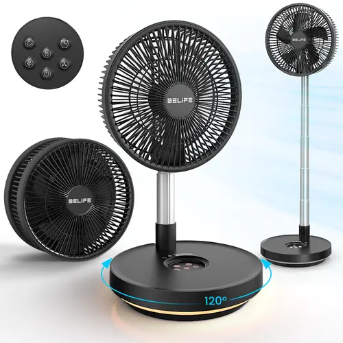 Belife X10 10in Portable Fan - Rechargeable Battery Quiet Power Outdoor Model, Cordless USB Oscillating Desk Floor Fan with Remote, Timer, Light, Foldable 7200mAh for Bedroom Breeze, Desk Cool (Black), Fan Portable, Rechargeable Battery Portable Fans, Qui