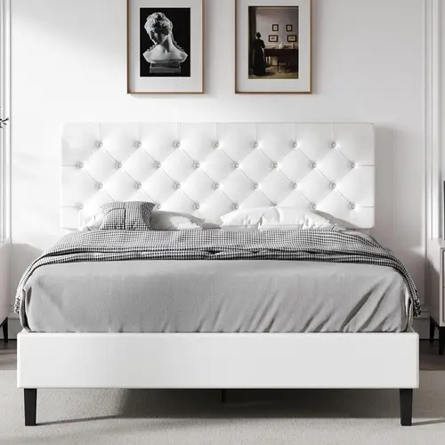 HOMBCK Queen Size Leather Upholstered Platform Bed Frame with Headboard, Contemporary Minimalist Design, Button Tufted, No Box Spring or Mattress Required, Easy Assembly #SohoChic #Homemakeover