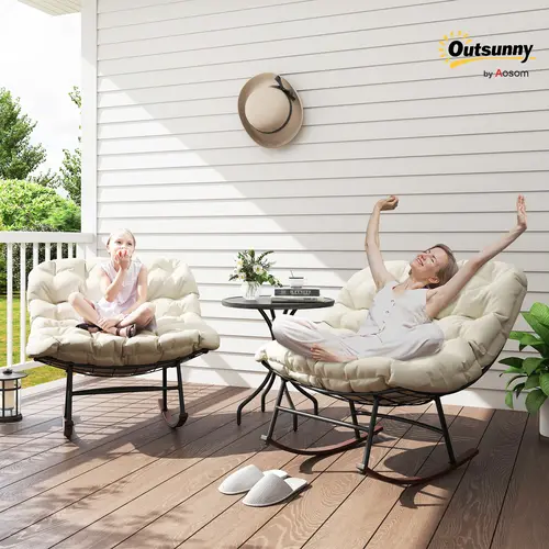 #Summervibes Outsunny Outdoor Single/Double Rocking Chair Oversized Rocking Papasan Chairs with Cushions, Steel Frame, Comfy Rockers for Patio Porch Lawn Garden, Black