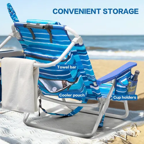 Portable Folding Beach Chair for Adults - 5-Position Heavy-Duty Recliner with Cooler Bag (Functional Bags), Cup Holders, Towel Rack (Towel Hang Ready), UV-Resistant Umbrella, Space-Saving Furniture, Lightweight Camping Chair, Portable Stool