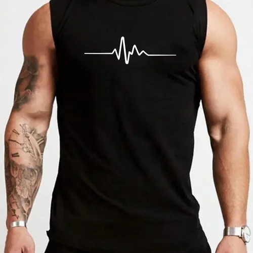 Men's Heartbeat Print Round Neck Tank Top, Athletic Tank Tops, Regular Fit Casual EKG Graphic Sleeveless Top for Summer, Men's Top for Daily Wear, Sleeveless Top Vest, Socks