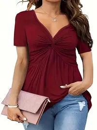 [Plus Size] Solid Twist Front V Neck Tee, Elegant Casual Fitted Short Sleeve T-shirt Top for Summer, Women's Plus Clothing for Daily Wear