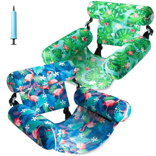 Inflatable Pool Floats Chairs Adult, 2 Pack Fabric Pool Chair Floats Adult, Pool Floats Seat for Pool Party Summer Water Fun (Green & Flamingo) Pool Floaters pool floats for adults