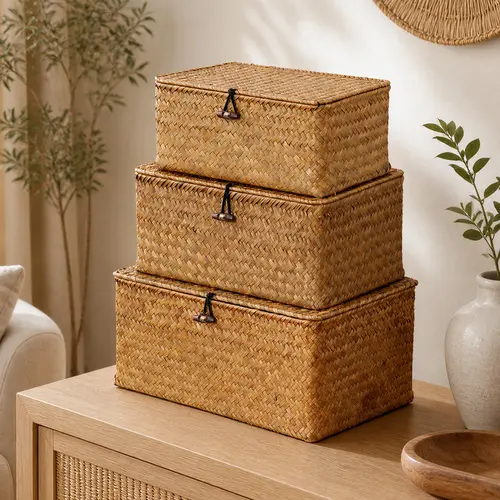 NONAM Durable Handwoven Natural Seagrass Rectangle Storage Baskets with Lids, Set of 3 Nesting Boxes for Shelves & Closet, Boho Farmhouse Home Storage Organizer