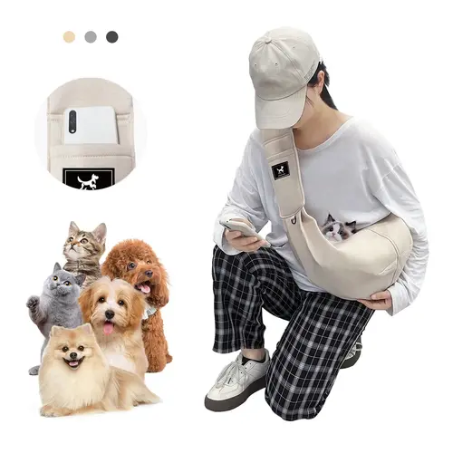 PAWPUBBY Hands-Free Dog & Cat Sling Carrier, Cotton Animal Carrier for Small-Medium Pets Up to 15lb, Adjustable Strap Buckle, Safety Rope Hook for Secure Fit