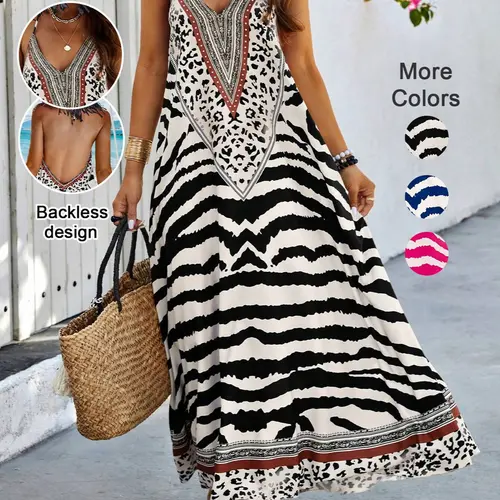 Women's Holiday Geometric Print Backless Halter Dress, Tie Design Loose Long Dress, Summer Dresses, Perfect for Beach Pool Party