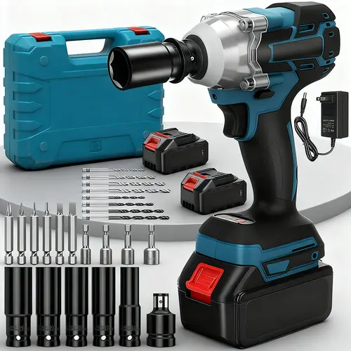21V Cordless Impact Wrench/Drill Set, Brushless 500N.m Power Impact Gun/Drill, 3.0AH Batteries, 6 Sockets, Tool Box, Charger, Full Accessory, for Car And Home