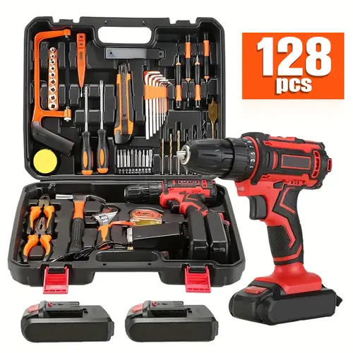 128Pcs with 2 Battery Electric Drill Set, 36VF Cordless Power Drill Set, Household Tools Set, Cordless Impact Wrench, Hand Tool Set Kit, Cordless Electric Screwdriver Kit- Ratcheting Screwdriver Set, Cordless Drill And Easy to Use Valentines Day Gift