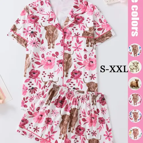 Women's Floral & Cow Print Top & Shorts Pajama Two-piece Set, Casual Comfy Short Sleeve Top & Shorts Pajama Set, Ladies Sleepwear for Summer, Animal, Loungewear Sets, Womenswear