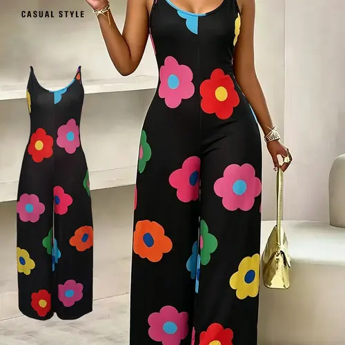 Women's Casual Chic Large Colorful Floral Print Halter Sleeveless Jumpsuit, Side Slit Pockets, Thin Soft Lightweight Fabric, Sexy Loose-Fitting One-Piece, Floral Print Jumpsuits