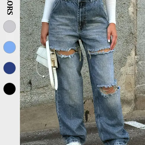 Women's Ripped Denim Jeans, Distressed Jeans, Y2K Casual Fashion Pants for Daily Wear, Ladies Bottoms for All Seasons