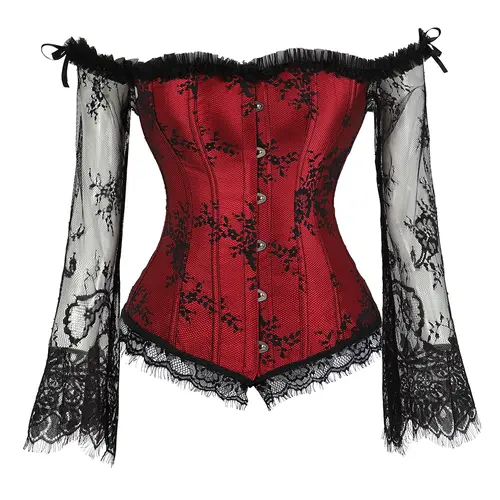 Women's Overbust Lacy Sleeve Corset Top - Lace-Up Bodice, Tummy Control, Gothic Renaissance Burlesque Costume for Girls, Halloween, Party - Accessories 8125-D1 (Costume Ideas Included)
