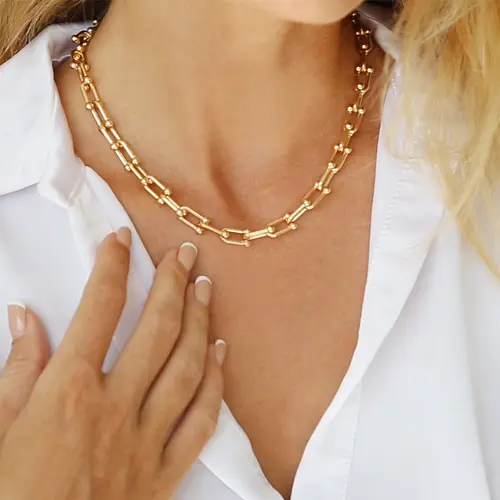 14K Gold Plated U Shaped Bamboo Chain Paperclip Chains Adjustable Necklace for Women Gold Plated  Designer Jewelry