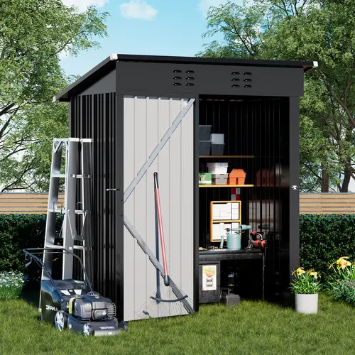 GTPLAYER 5x3FT Powder Coated Lockable Galvanized Steel Metal Garden Shed, Heavy Duty Waterproof Storage Unit with Lockable Door, Sloping Roof, Top Vents, Assembly Guide, Space-Maximizing, Leak-Preventing for Backyard, Patio (Shed Outdoor Storage), Metal G
