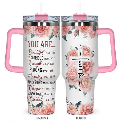 Floral Pattern Tumbler, 1 Count 40oz Stainless Steel Cup with Straw & Handle, Reusable Vacuum Insulated and Durable Cup, Perfect Gift for Christian, Families, Friends, Insulation Drinkware