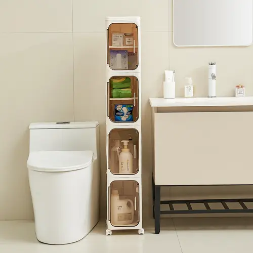 4-Tier Slim Compact Minimalist Modern Bathroom Storage Cabinet - Foldable Portable Narrow Movable Storage Organizer for Small Spaces, Bathroom, Kitchen, Compact Storage Cabinet, Minimalist Storage Cabinet