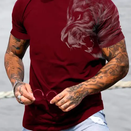 Men's Lion Print Round Neck Tee, Loose Casual Short Sleeve Crew Neck T-shirt for Summer, Fashion Men's Top for Daily Wear, Gym Shirts, Athletic Crew Neck, Gym Tees, Casual Sports Tops, Short Sleeved