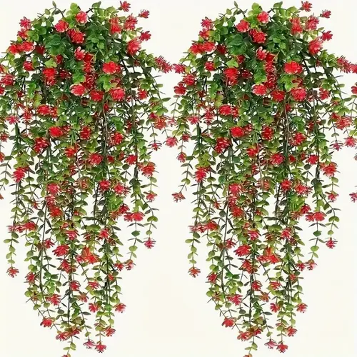 Lifelike UV-Resistant Faux Eucalyptus Hanging Plant Ornament with Realistic Green Vines, Red Flowers, Durable Plastic, Easy Install for Indoor & Outdoor Green Wall Floral Decor Year-Round Ambiance, Decorative