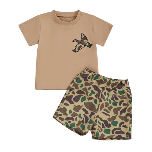 [Lullaby] Baby Boy Cotton Blend 2-Piece Summer Casual Wear, Toddler Style Camouflage Crew Neck Short Sleeve T-Shirt with Bird Embroidery Shorts, Baby Clothing Gift Set