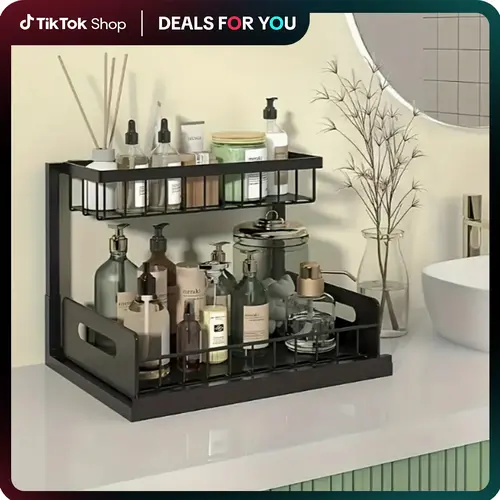 Double-Tier Metal Pull-Out Under-Sink Rack Organizer, Dual-Shelf Storage Drawer Units with Pull-Out Drawers That Bring Items to Hand, Extended Storage Solutions for Kitchen & Bathroom Organization Hack