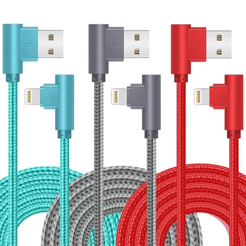 iPhone Charger Cable Right Angle Lightning Cable 3Pack 90 Degree 6FT Nylon Braid Charging Cord Fast Charging Compatible for iPhone 14/13/12/11/XS/MAX/X/8/7/6 Smartphone Cellphone Electronic  durable charging cord Device Automatic charger Games, Mobile, Re