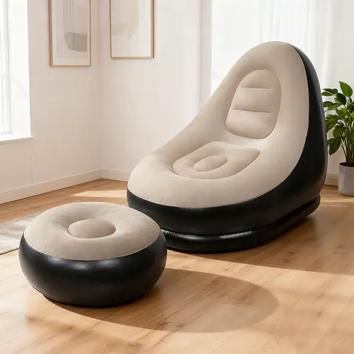 1pc Contoured PVC Flock Lounge Chair - Leakproof Footrest, Easy Inflate, Foldable, Portable, Compact Storage, Travel-Ready Relaxing Couch, Space-Saving Renter-Friendly Home Furniture for Camping