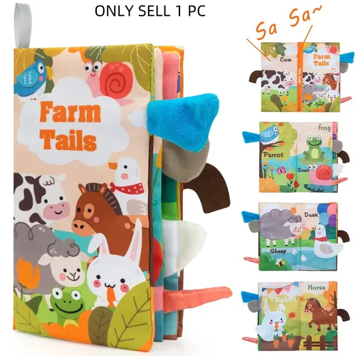 Baby Early-Education Interactive Crinkle Cloth Book, Farm Tails, 1 Count 3D Cartoon Animal Design Sensory Toy for Infants & Children, Interactive Educational Toy, Preschool Busy Book, Toddler Busy Book