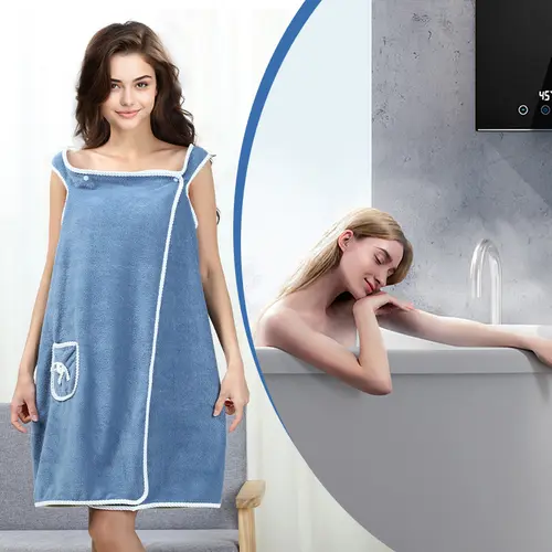 1pc Women's Coral Fleece Quick Drying Bath Towel Wrap - Adjustable Secure Strap, Breathable, Plush, Fast Water Absorption, Functional Pocket, Blue with White Logo, Bathroom Must-Have, One Size