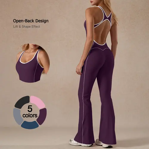 TimeOFF Women's 2-Piece Open-Back Sleeveless Shirt & Flared Leggings Set - Lift & Shape Effect, Solid Color Workout Jumpsuit, Sporty Comfy Jumpsuit, Women 2 Piece Sets, for Yoga & Fitness