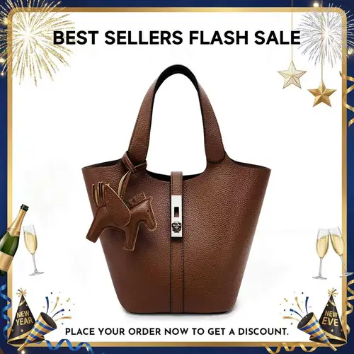 CN6004 Women's Vegan Leather Tote Bag - Top Handle, Detachable Pouch, Bucket Style, Shoulder Option for Minimalist Daily Essentials (Yellow Brown) - Back to School Haul, Gifts for Adulting Women, Everyday Bag