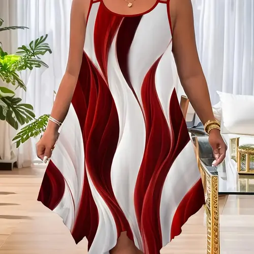 Plus Size All Over Print Asymmetrical Hem Cami Dress, Casual Sleeveless Double Spaghetti Strap Dress for Summer, Boho Fashion Sundress for Daily Wear, Boho Dresses, Womenswear