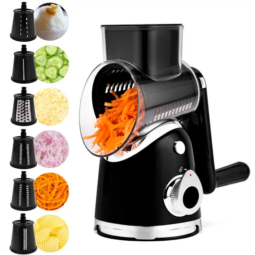 SUSTEAS Rotary Food Shredder Tool - 6 Replaceable 18/10 Stainless Steel Blades for Wavy & Smooth Cuts, Compact Kitchen Gadget with Strong Suction Base, Vegetable Potato Chocolate Shredder, Ideal for Gift Giving (New Black)