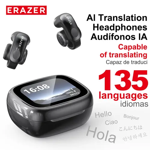 ERAZER XF28 Clip-on Open Ear Wireless Earbuds - Hands Free Plastic Bluetooth 6.0 Headphones, APP-Enabled, Waterproof, Long Endurance, Audio-Visual Future Touch Screen, for Sports Running, Compatible with Cellphones