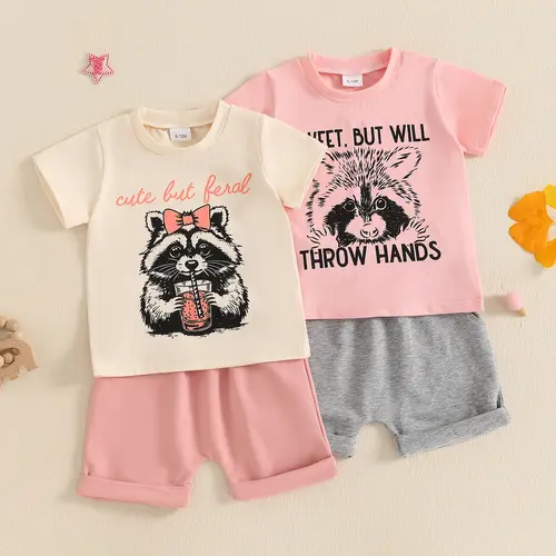 Toddler Baby Girls Clothing 2-Piece Lullaby Outfits, Raccoon Letter Print Short-Sleeve T-Shirt & Elastic Band Stretchy Shorts, Quick On/Off Summer Carnival Clothes Gift Set